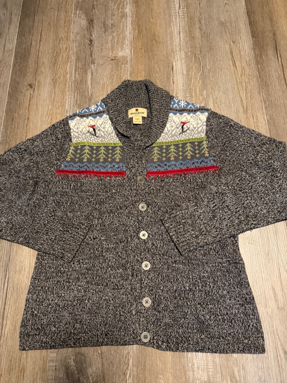 Woolrich Gray Shawl Collar Cardigan with Multicolor Fair Isle Yoke